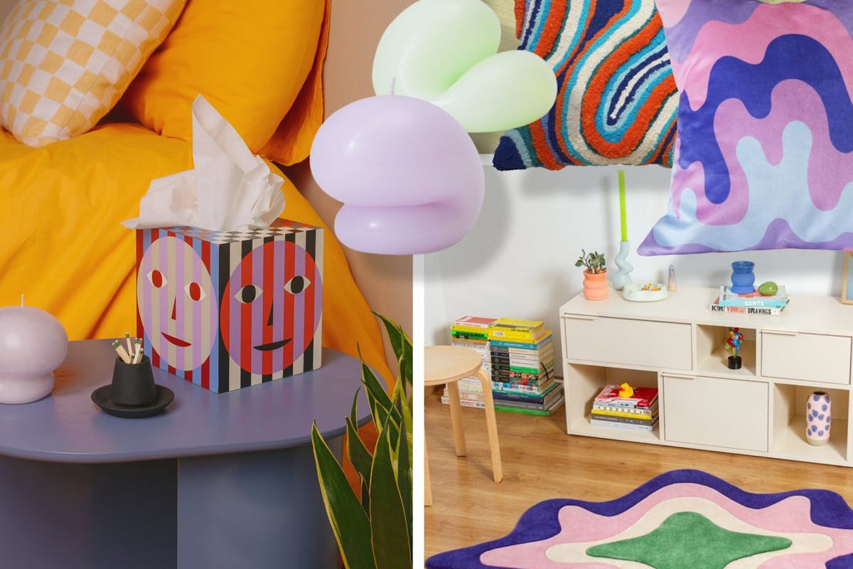 A composite image of interiors items that represent the splat aesthetic. They include blob-shaped candles, paint-drip cushions, and a rug that looks like a paint splat
