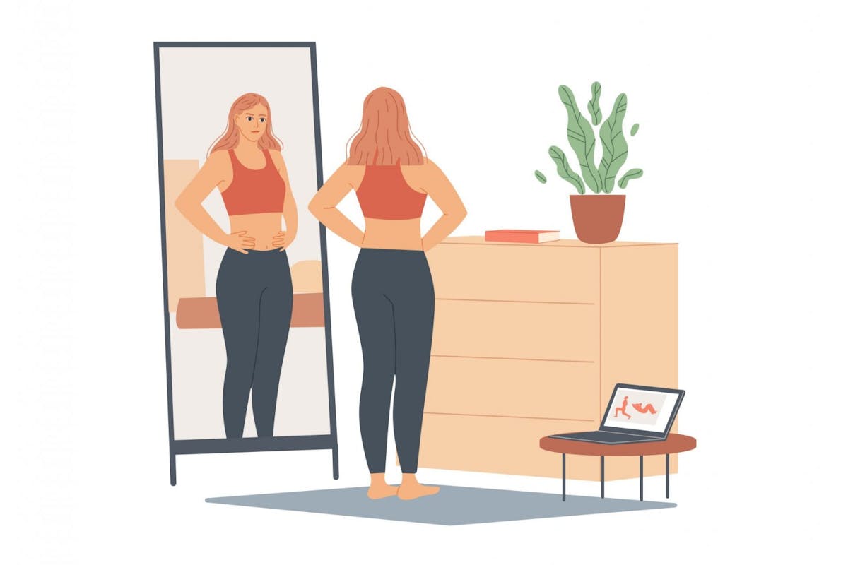 Illustration of a woman looking at her stomach in the mirror