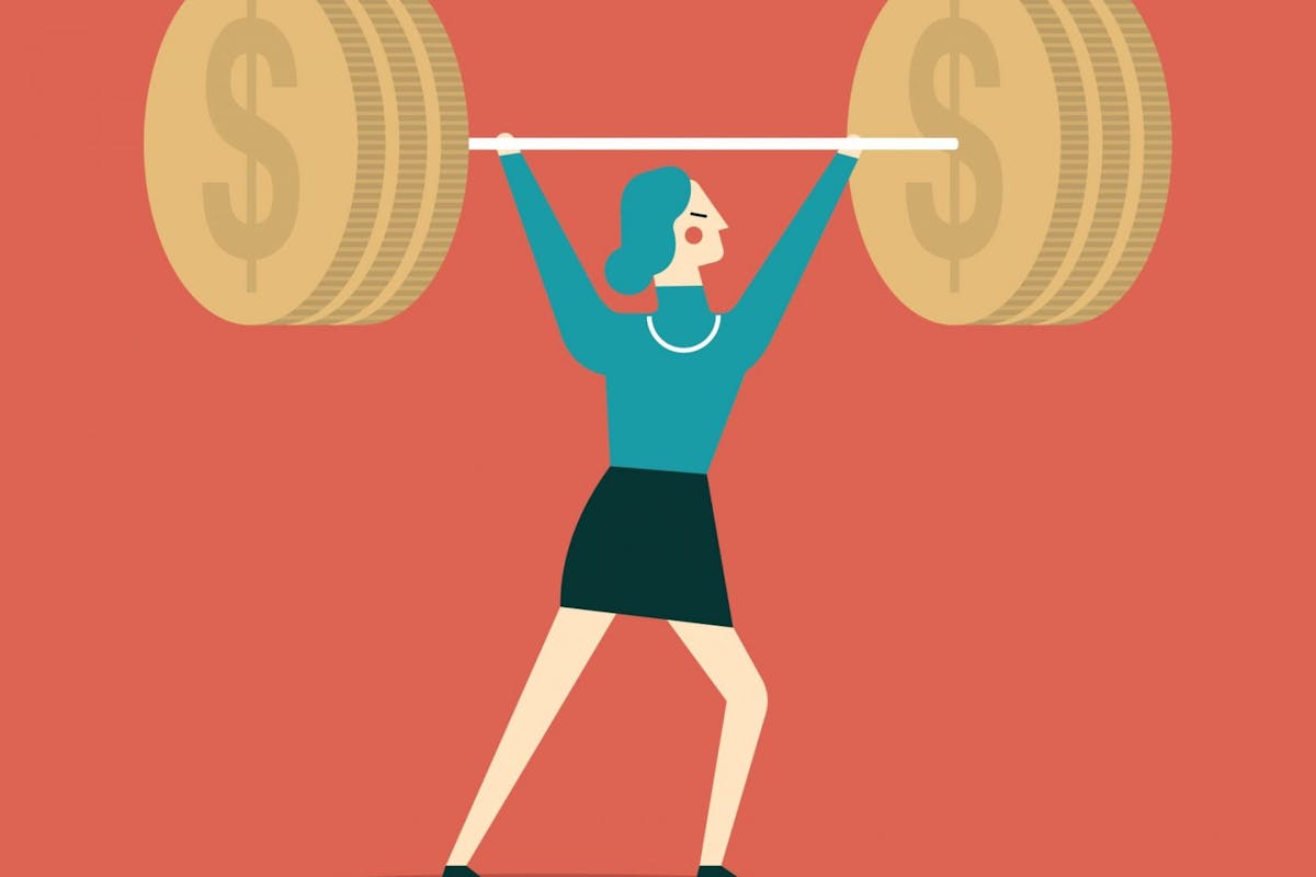 Illustration of woman with barbell and coins