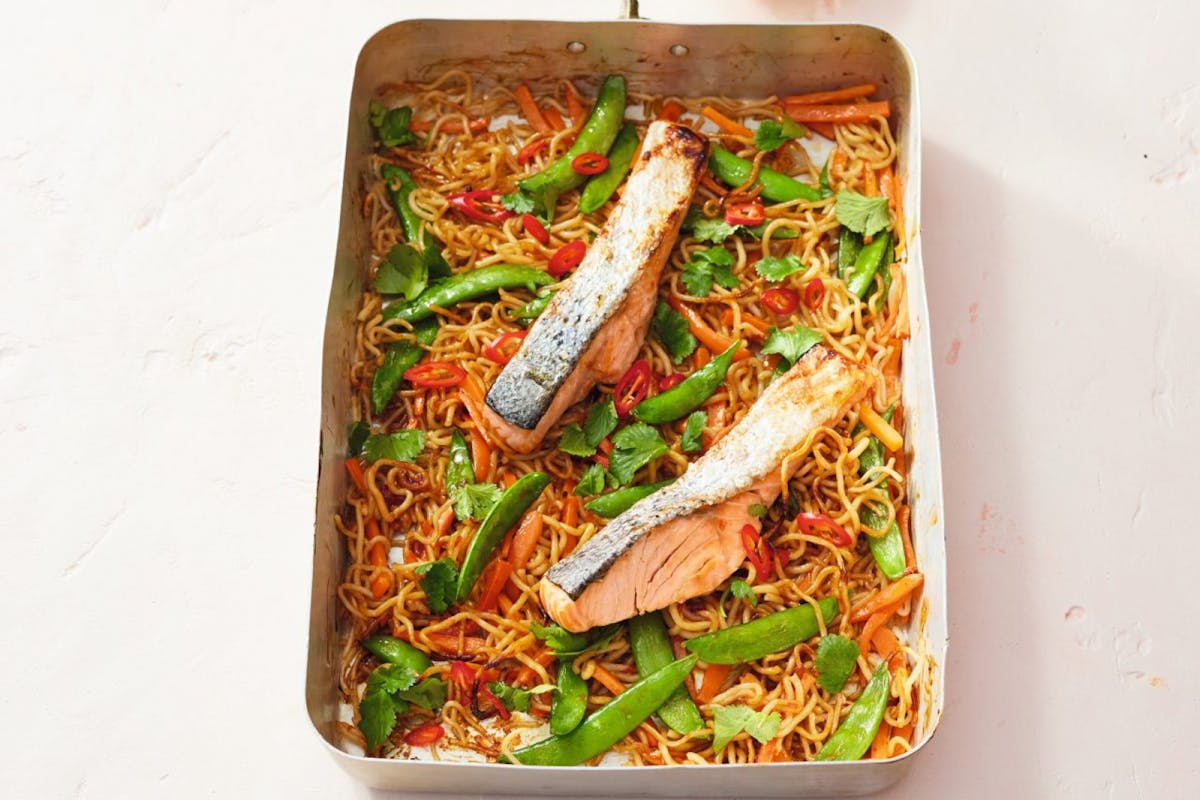 Dominique Woolf's sticky salmon noodle traybake